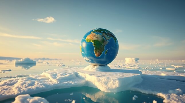 planet earth globe resting on melting iceberg in ocean