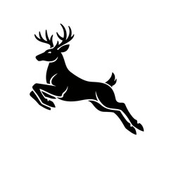 Fototapeta premium Black silhouette of a leaping deer with antlers on a white background, symbolizing speed and agility in wildlife
