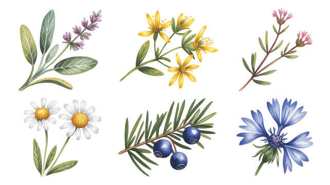 Watercolor herb and wildflower clipart set with daisy blue flower berries foliage and botanical sprigs isolated on transparent background