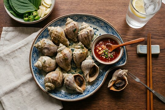 Steamed Whelks in Shells on Blue Patterned Plate with Spicy Dipping Sauce