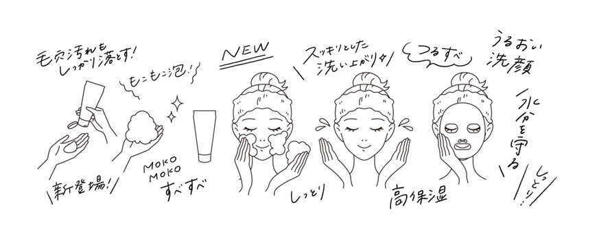 洗顔・スキンケアをしている女性/洗顔料の使用方法と手書きあしらい文字のベクターイラスト素材 ector illustration of a woman washing her face and taking care of her skin / Vector illustration of a woman using a facial cleanser.