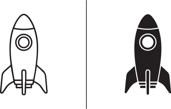 Minimalist rocket ship icons in outline and solid black styles, space shuttle vector set for business startup and growth concepts
