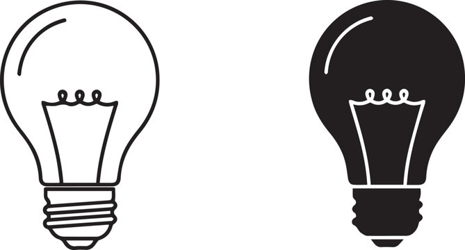 Minimalist light bulb vector icons, black and white incandescent lamp symbols, creative idea and innovation concept graphics for business