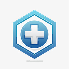 Obraz premium Modern glossy blue hexagon and circle icon with white plus sign, symbolizing addition, creation, or medical care
