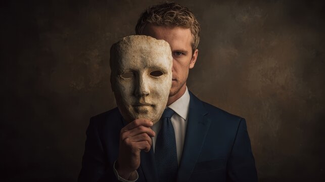 A man in a suit holding a stone mask in front of his face