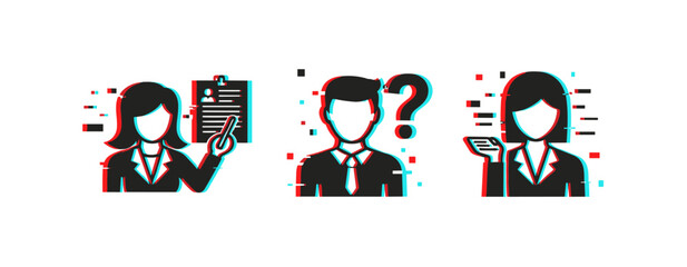 Fototapeta premium Business people presenting and questioning in office icons. Glitch effect
