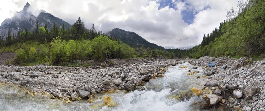 Mountain panorama of the rapid Johannesfluss River in Johannestal Valley, in the Karwendel Range, Tyrol, Austria, Europe