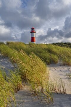Evening light, red-white lighthouse List-East in the dunes, cloudy sky, elbow, Sylt, North Frisian Island, North Sea, North Frisia, Schleswig-Holstein, Germany