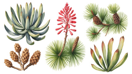 Fototapeta premium Watercolor succulent and pine botanical clipart set with rosette plant red flower spikes cones and needle clusters isolated on transparent background