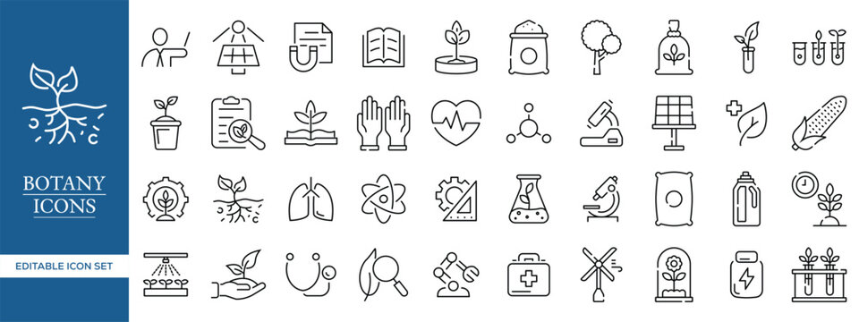 Botany Line Icons Set &ndash; Agriculture, Plant Science, Ecology and Biotechnology Editable Vector Collection