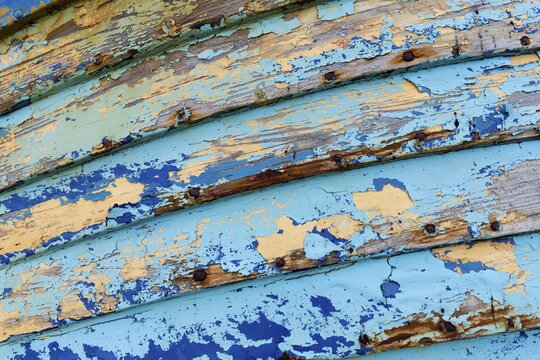 Blue and light blue peeling paint on an old fishing boat, Reykjanesskagi, Southern Peninsula or Reykjanes, Iceland