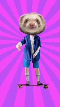 Man with ferret head riding skateboard on bright radial pop art background with bold colors. Concept of youth culture, street style branding, social media content, and creative advertising campaigns.