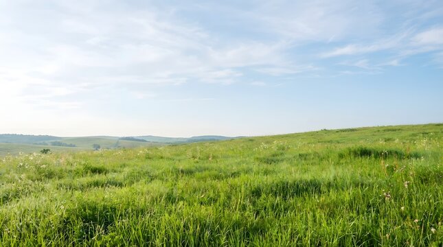 Expansive green rolling hills under a bright blue sky with wispy clouds capturing the serenity of nature on a clear day