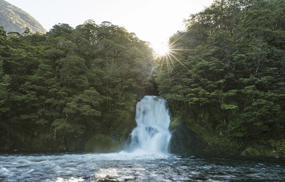 Sunshine, waterfall in forest, Iris Burn Falls, Kepler Tack, Fiordland National Park, Southland, New Zealand