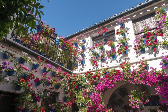 Many red geraniums in blue flowerpots in the courtyard on a house wall, Fiesta de los Patios, C&oacute;rdoba, Andalusia, Spain