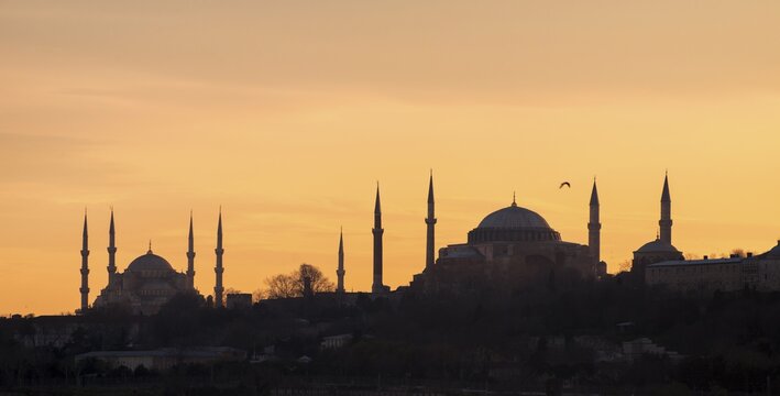 Silhouette of Blue Mosque and Hagia Sophia, Istanbul, Turkey