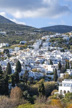 White Cycladic houses, town view of Lefkes, Paros, Cyclades, Greece