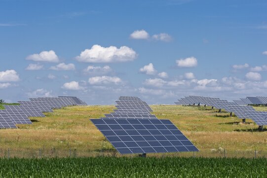Photovoltaic site, solar modules on a meadow, solar power plant, Oening, Upper Palatinate, Bavaria, Germany