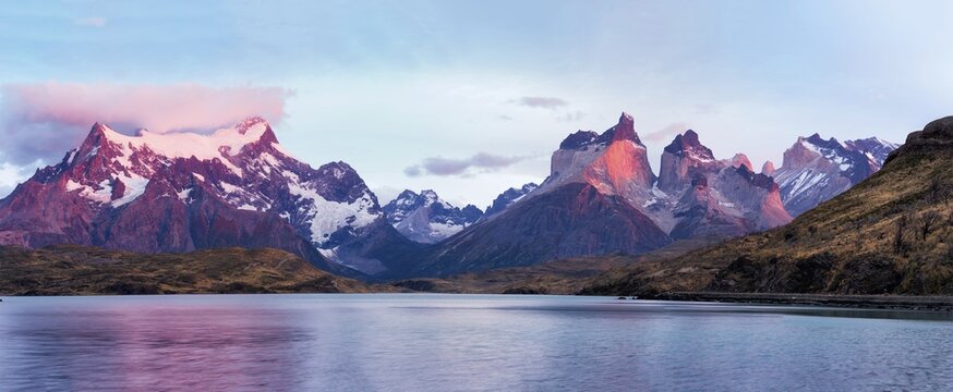 Cuernos del Paine in the morning, Lago Pehoe, Torres del Paine National Park, Chilean Patagonia, Chile