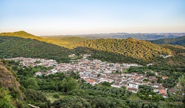 View over the village Al&aacute;jar with the church Iglesia Parroquial de San Marcos, evening light, Huelva, Spain
