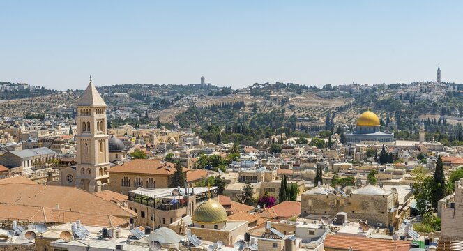 Church of the Redeemer and Dome of the Rock in the Sea of Houses, view over the Old Town of Jerusalem, Israel