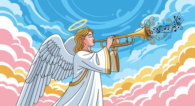 Angel blowing trumpet, heavenly music, white angel, golden trumpet, clouds