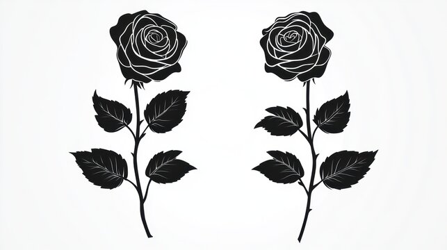 Two black silhouette roses with stems and leaves