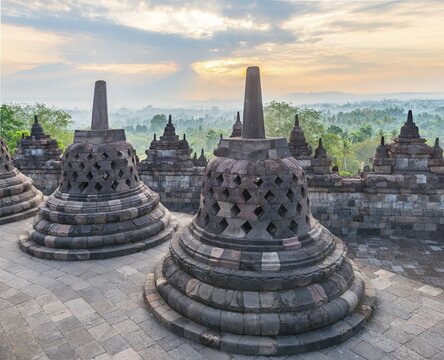 Borobudur temple, stupas, morning atmosphere, cloudy sky, Borobudur, Yogyakarta, Java, Indonesia