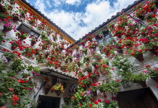 Many red geraniums in flower pots on the house wall, decorated inner courtyard, Fiesta de los Patios, C&oacute;rdoba, Andalusia, Spain