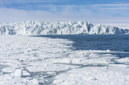 Hockstetter Glacier and pack ice, Bjornsundet, Spitsbergen Island, Svalbard archipelago, Norway