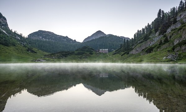 K&auml;rlingerhaus reflected in lake Funtensee in the evening, Steinernes Meer, Berchtesgaden National Park, Bavaria, Germany