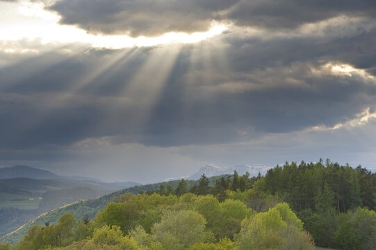 View towards Rax mountain range and Heukuppe peak with an approaching thunderstorm, Bucklige Welt, Lower Austria, Austria, Europe