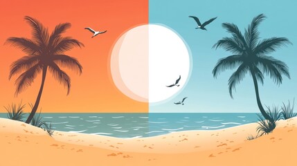Obraz premium A serene beach scene split into warm sunset hues and cool tranquil waters
