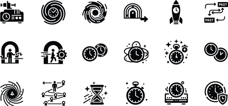 time travel icons set, futuristic clock symbols, timeline concept illustration, past present future arrows, temporal technology vector design elements