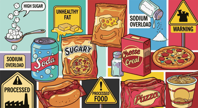 Processed foods, high sugar, unhealthy fat, and sodium overload warnings