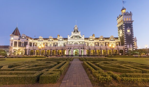 Anzac Square and train station at night, Dunedin, Otago, South Island, New Zealand, Oceania