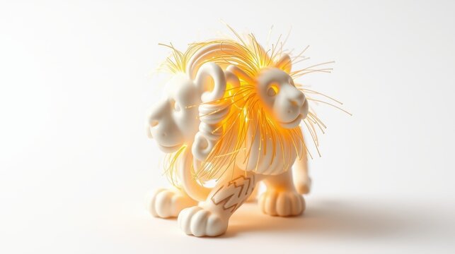 White chimera sculpture glows warmly. Fiber optics create mane, tail. Soft lighting, simple background, artistic creation.