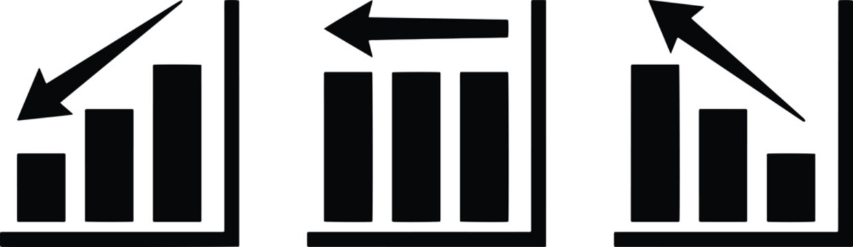 Bar Chart Icons Set, Business Growth and Decline Vector Graphics. Data Analysis and Financial Performance Indicators, Black and White Minimalist Design for Reports and Presentations