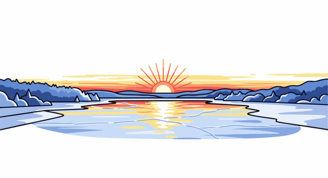 Pixelated winter landscape with sunrise reflecting on icy water