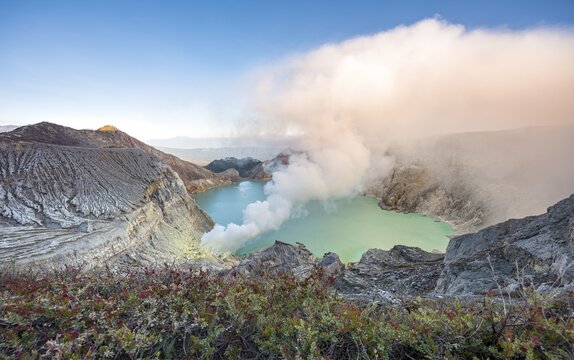 Volcano Kawah Ijen, volcanic crater with crater lake and steaming vents, morning light, Banyuwangi, Sempol, Jawa Timur, Indonesia