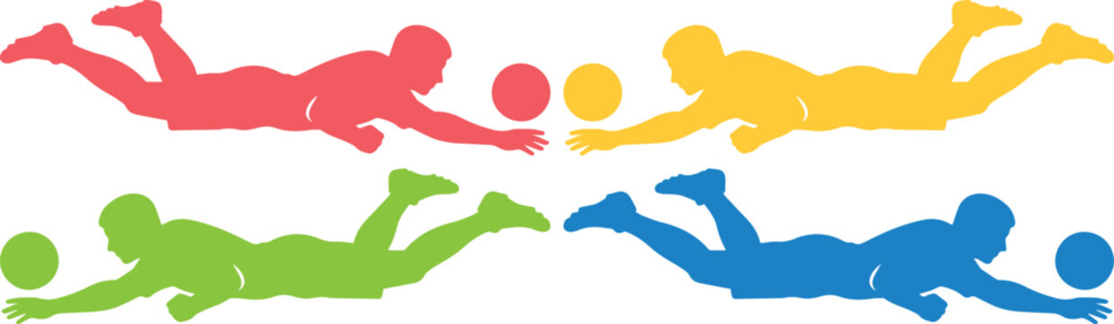 Volleyball player silhouettes, dynamic sports action vector set; colorful athletic figures diving for the ball, competitive team sport illustration for active lifestyle and fitness designs