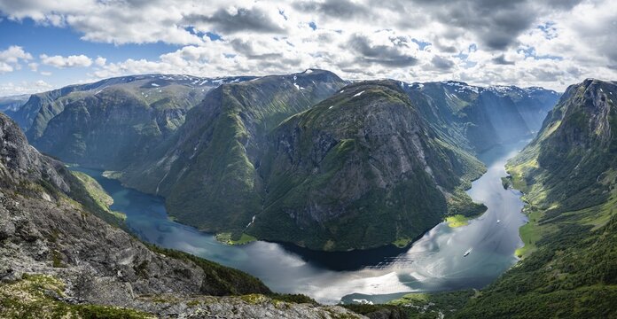 View from the top of Breiskrednosi, mountains and fjord, N&aelig;r&oslash;yfjord, Aurland, Norway
