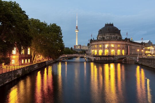 Evening mood, illuminated Bode Museum on the Spree, in the back Berlin television tower Alex, Museum Island, Berlin-Mitte, Berlin, Germany