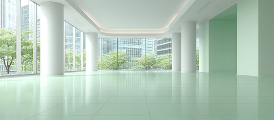 Fototapeta premium A bright, modern interior featuring a reflective floor, large windows showcasing trees and city skyscrapers, and a minimalist design