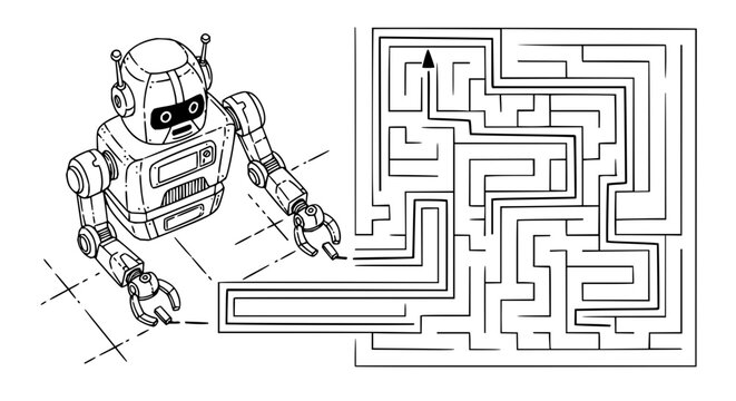 Robot navigating maze black and white vector illustration navigation puzzle labyrinth