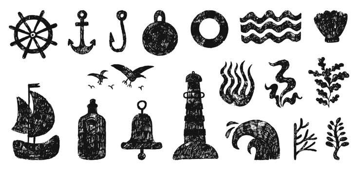 Black nautical elements. Pencil drawing sailboat, waves, bell, flying seagull and seaweeds. Underwater nature plants. Sea ocean adventures, vector grunge set