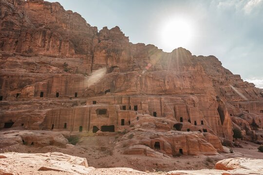 Houses carved into the rock, rock apartments, Nabataean town of Petra, near Wadi Musa, Jordan
