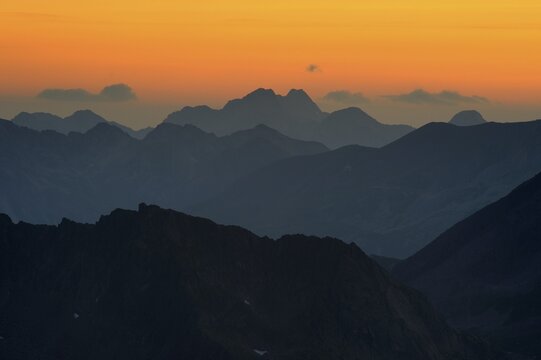 Sunrise with gradation of mountains, Gaschurn, Montafon, Vorarlberg, Austria, Europe