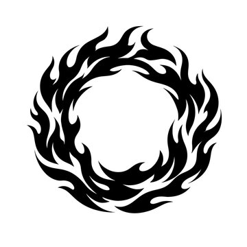 Black flame circle design element for hot fire logo or icon on white background