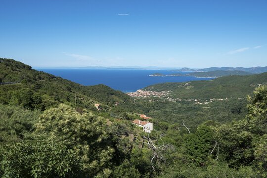 View from the mountain village of Poggio to the island of Elba, Province of Livorno, Tuscany, Italy